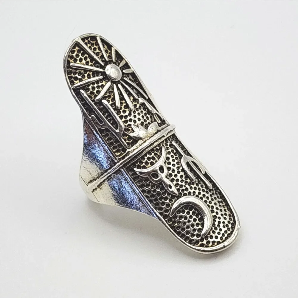 Vintage Southwestern Totem Ring Sun Moon Cactus Silver Tone Metal US Size 5.5